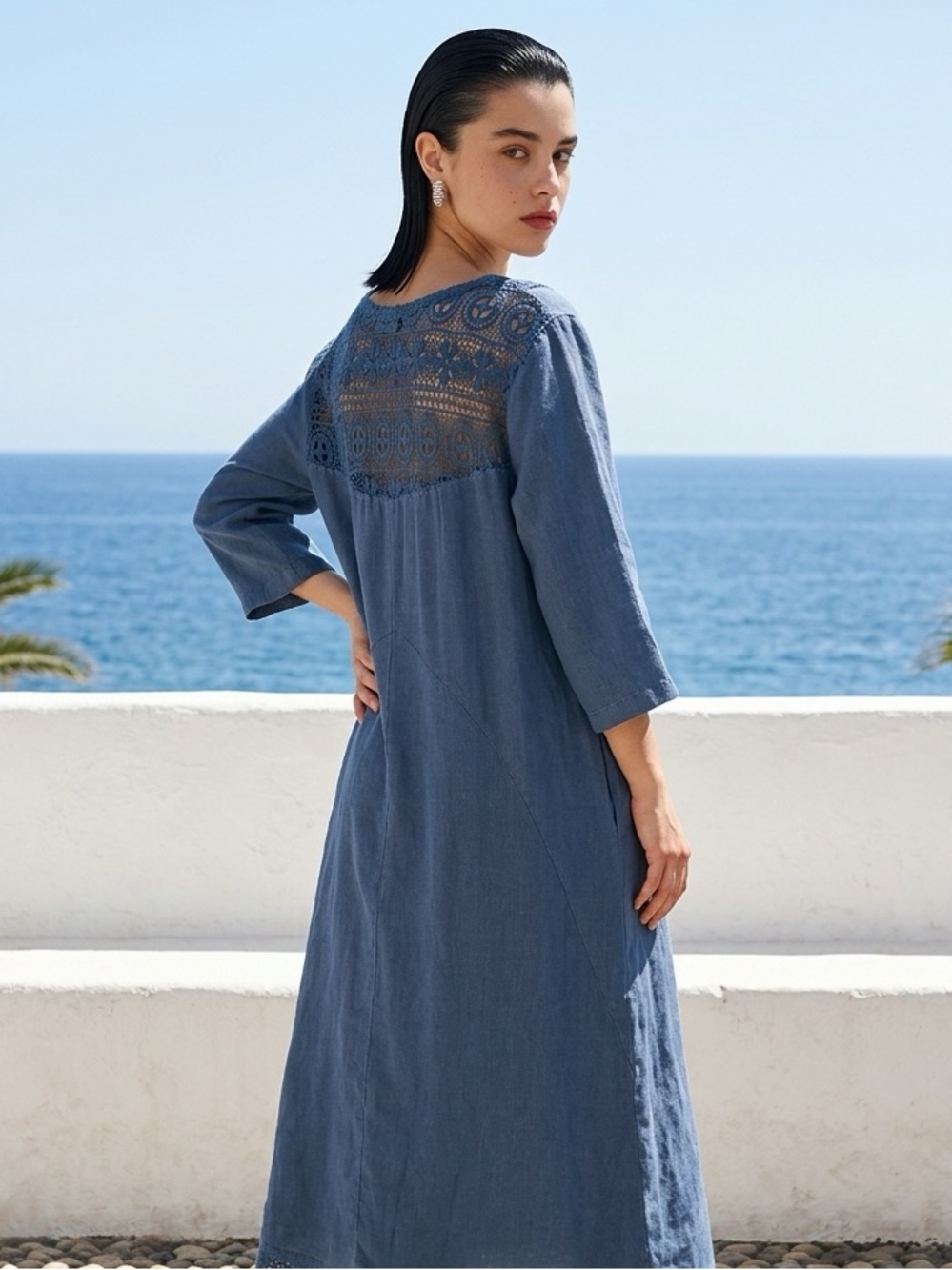Haris Cotton The Collection Greece Blue Linen Crochet Lace Back Tunic Dress